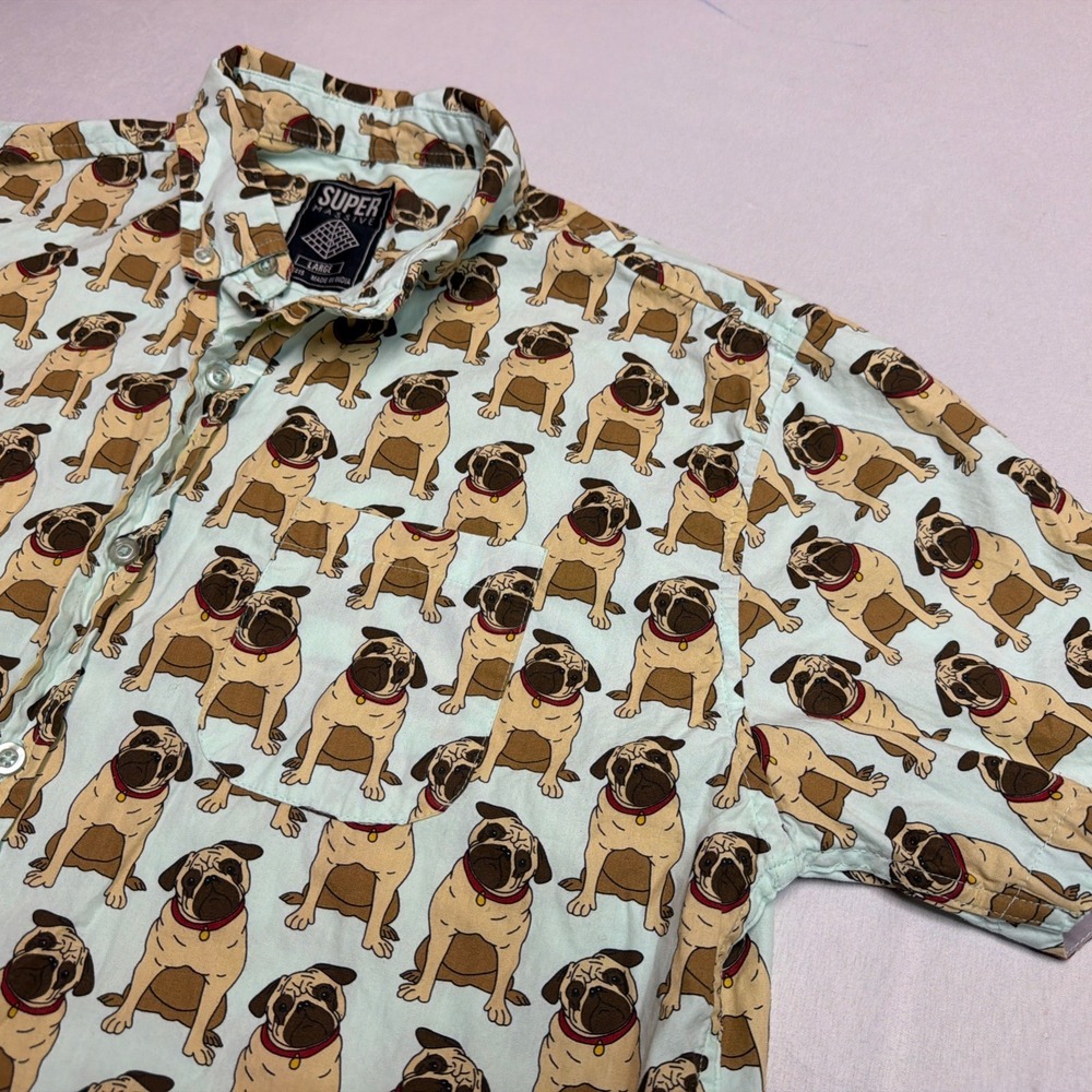 Super Massive Pug Dog Button Down Short Sleeve Novelty Shirt Men's Large